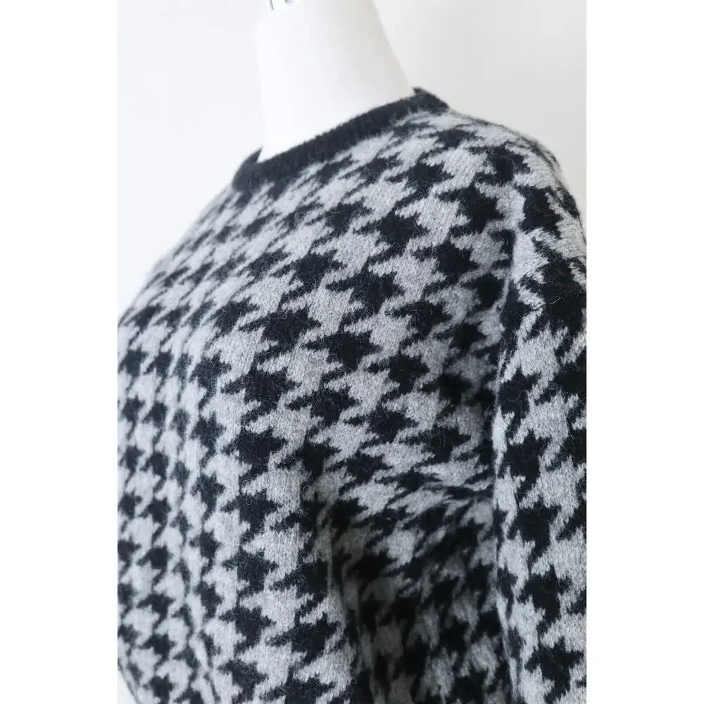 Vintage 1980s CREW Shetland Wool Houndstooth Sweater Pullover Black Gray